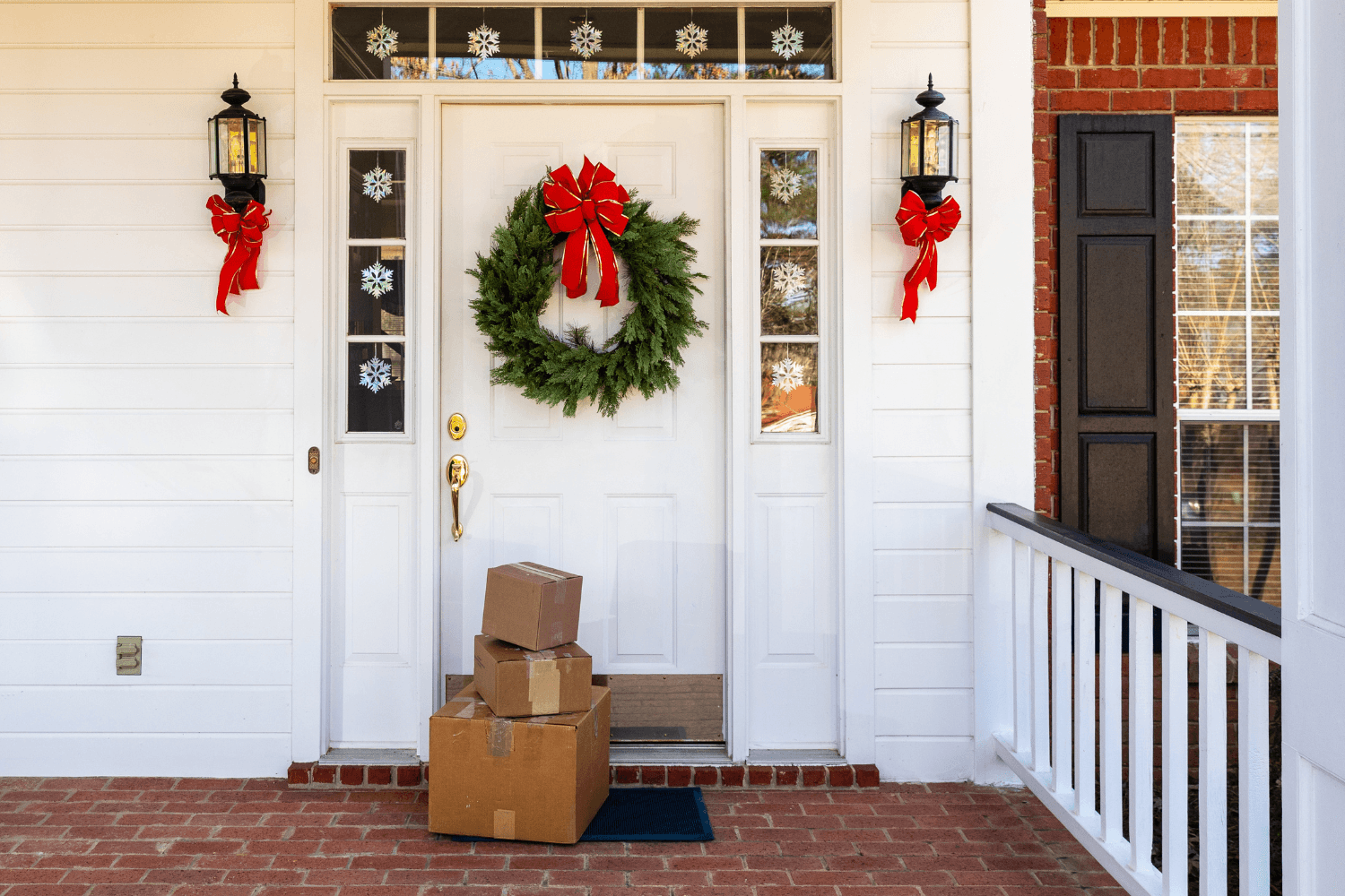white colour front door with holiday decorations and few parcels