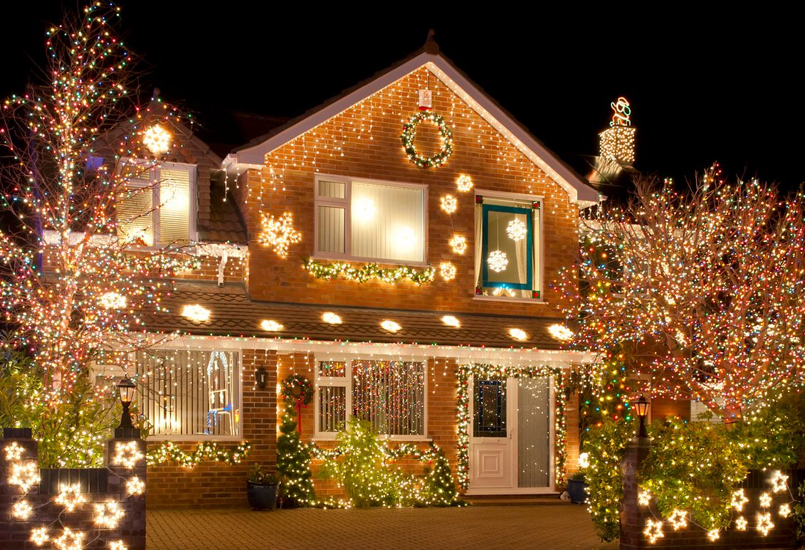 a house with all holiday lightings on the exteriors